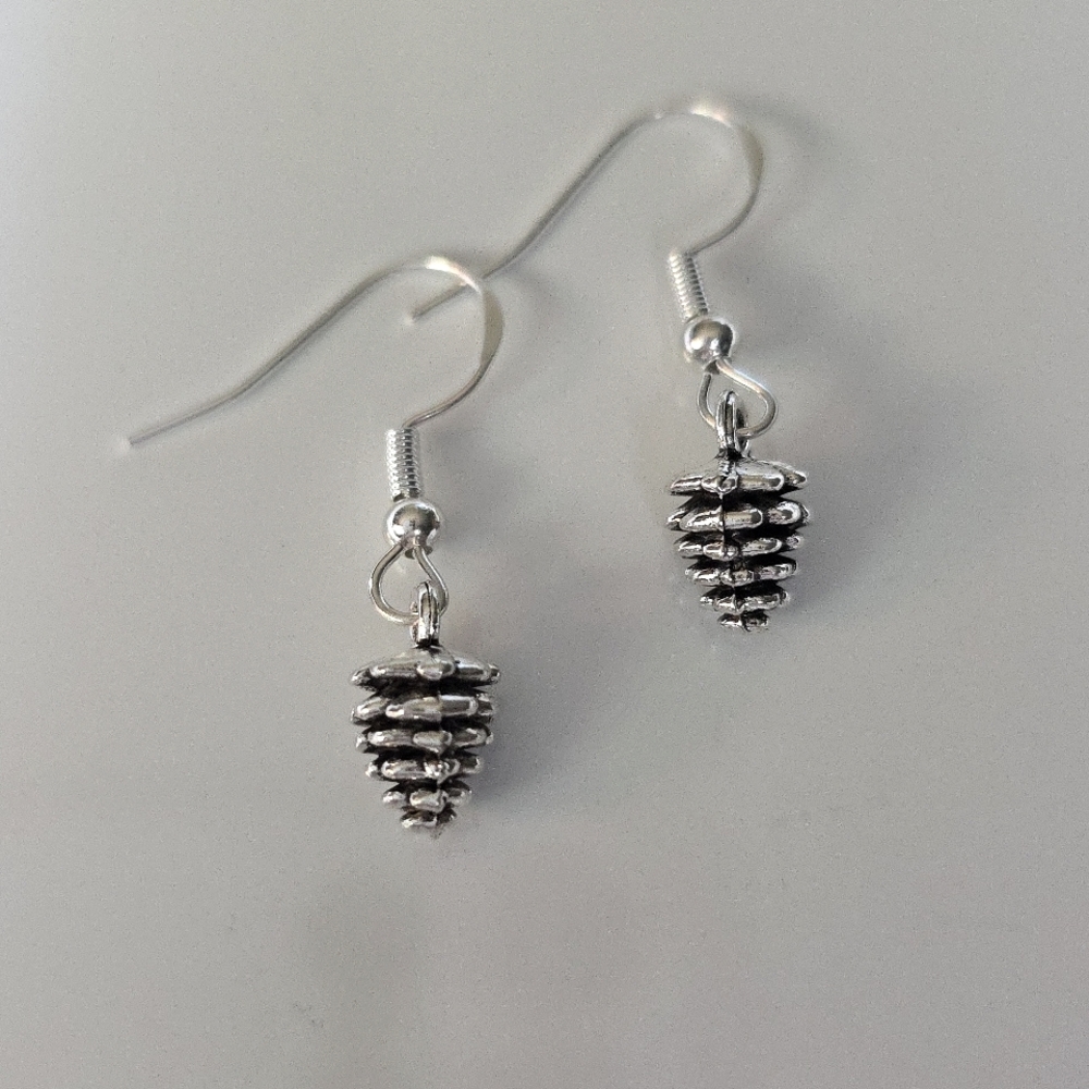925 sterling silver post tiny pine cone dangle-drop earrings